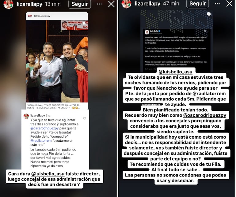 Mensajes de la senadora Lizarella Valiente a Luis Bello, intendente interino de Asunción.