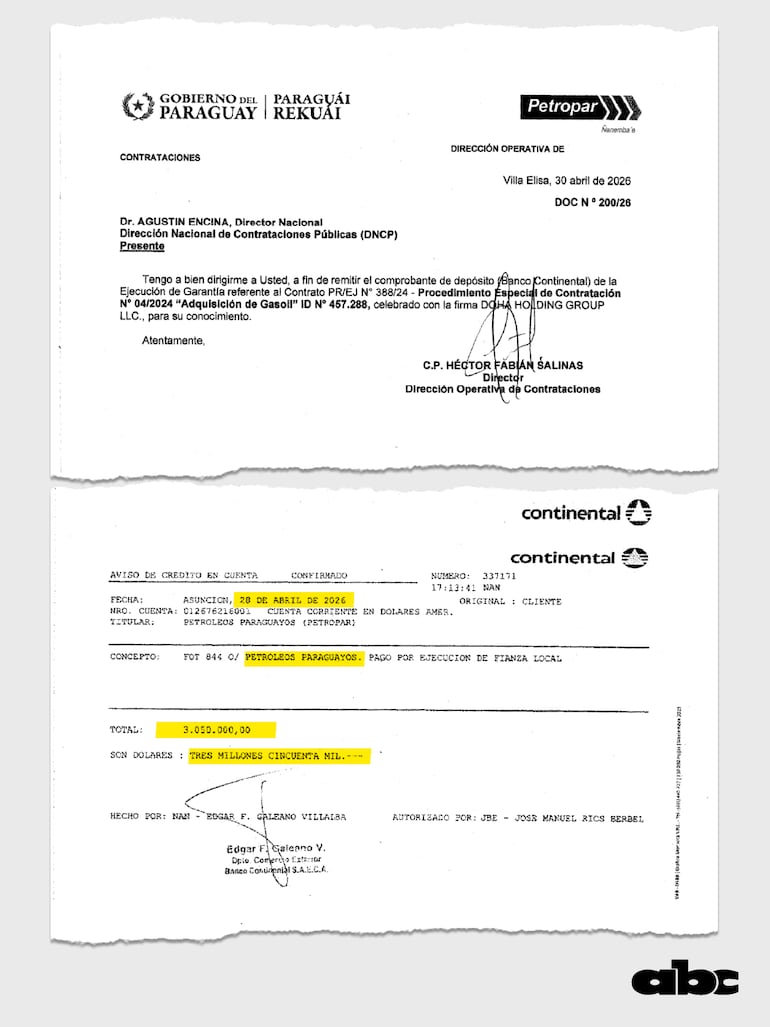 Documento enviado a la DNCP que incluye el comprobante de pago de la garantía del Banco Continental ejecutada por Petropar.