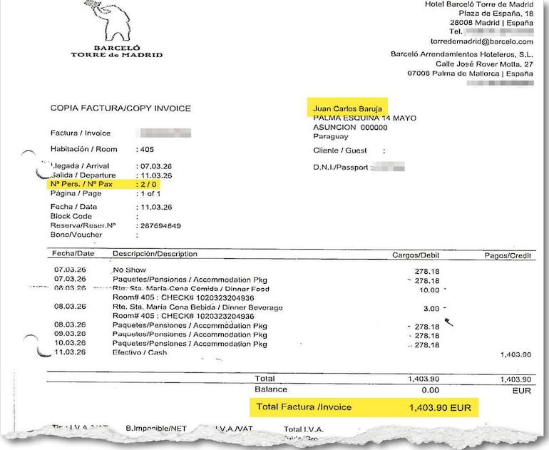 Baruja dijo que esta factura del Hotel Barceló Torre el Estado pagó solo 556,36 euros.