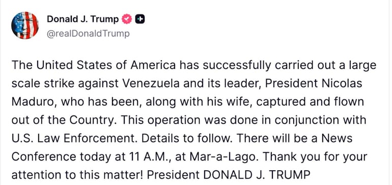 Posteo de Donald Trump en el que asegura que Estados Unidos capturó a Nicolás Maduro y su esposa.