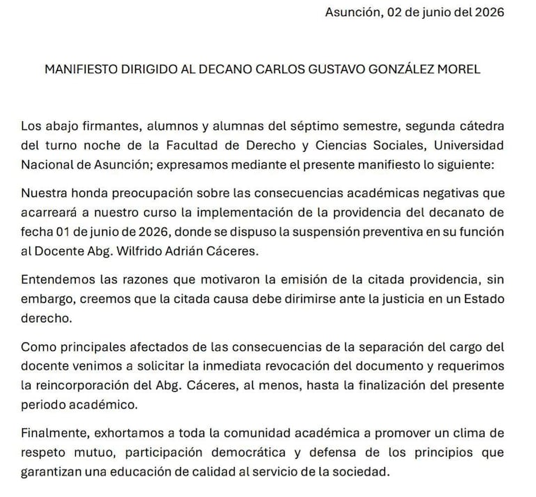 Alumnos de la Facultad de Derecho de la UNA solicitaron la restitución de Wilfrido Cáceres, acusado por lavado de dinero y suspendido como docente auxiliar.