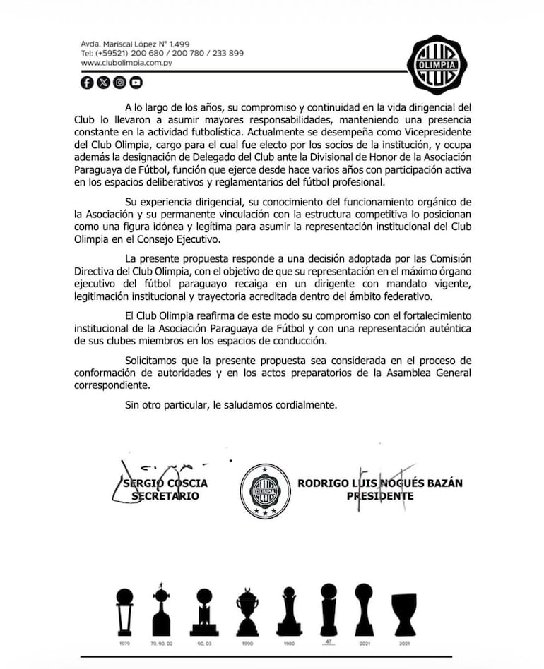 La propuesta oficial de Olimpia por Julio Jiménez para la vicepresidencia de la Asociación Paraguaya de Fútbol.
