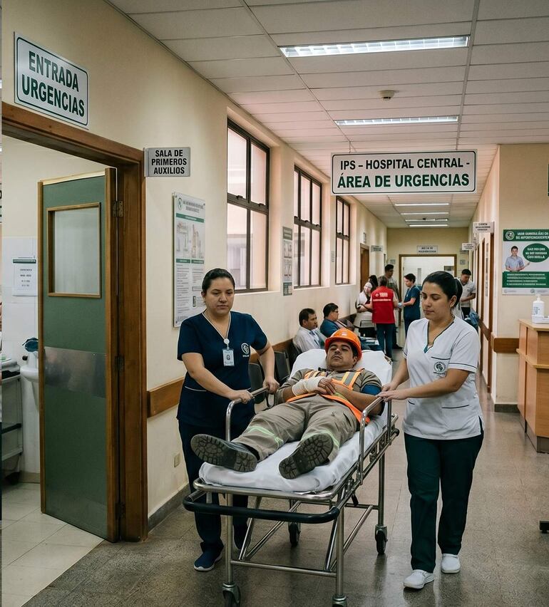 Un hombre con casco naranja y vendas en las manos es asistido en camilla por dos enfermeras en el área de urgencias.