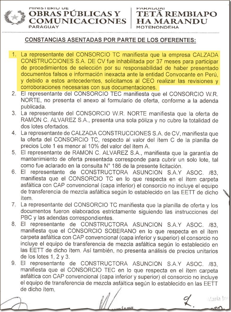 En el acta de apertura un oferente dejó constancia del historial de Calzada Construcciones.