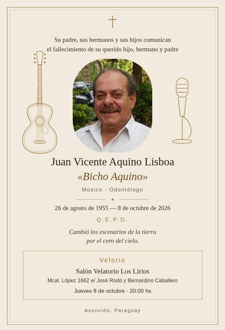 Aviso de fallecimiento con la foto de Juan Vicente Aquino, guitarra y micrófono a un lado, en un entorno sobrio.