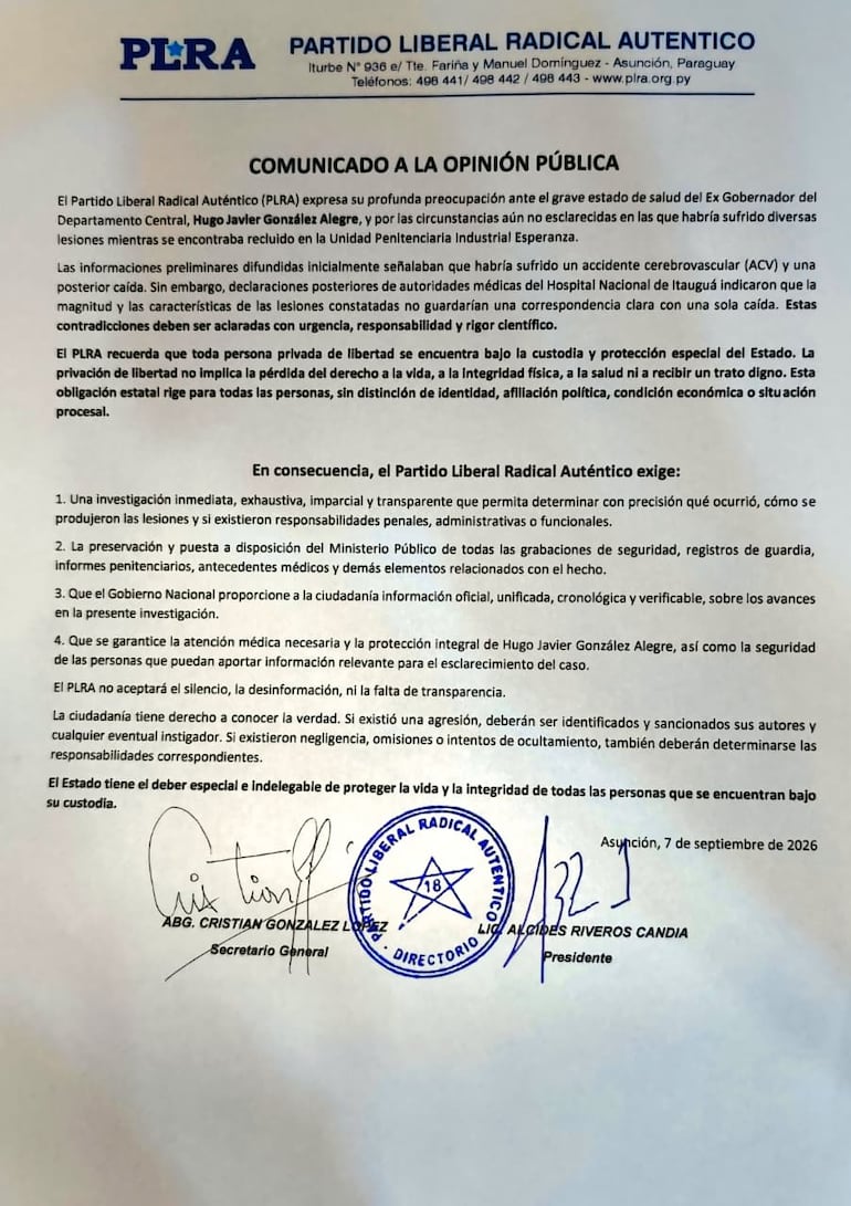 Comunicado del PLRA sobre la salud de Hugo Javier González.