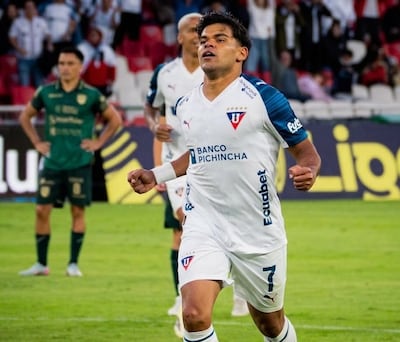 Rodney Iván Redes Cáceres, en el festejo de su gol para la Liga de Quito.