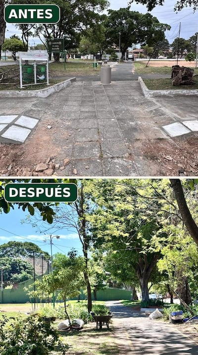 Plaza Acosta Ñu con área verde y senderos mejorados sosteniendo un ambiente soleado.