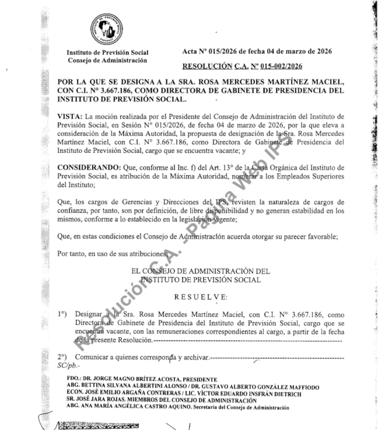 Resolución del IPS con fecha del 4 de marzo, por el que se designa a Rosa Mercedes  Martínez Maciel como jefa de Gabinete del Consejo de Administración.