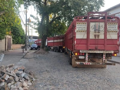 Camiones trasganados en las calles del barrio Virgen de Fátima, en la zona de frigoríficos de Tablada. Los vecinos denuncian que estos vehículos siguen ingresando con total impunidad y generan caos en el barrio, pese a la ordenanza que prohibe su circulación por la zona.