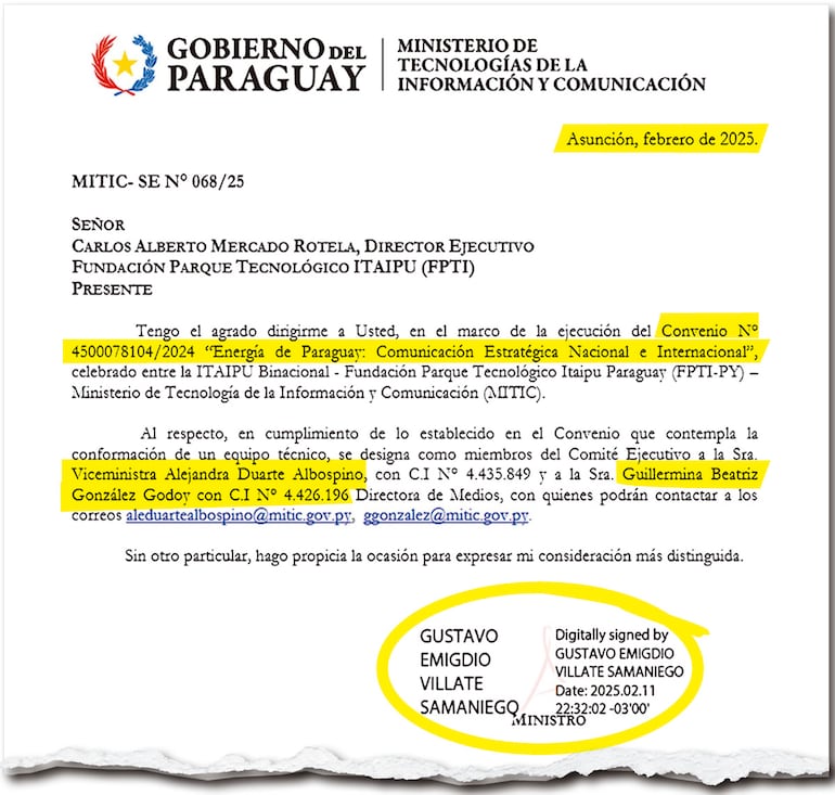 En febrero de 2025, Duarte y González fueron designadas por Villate para gestionar el convenio.