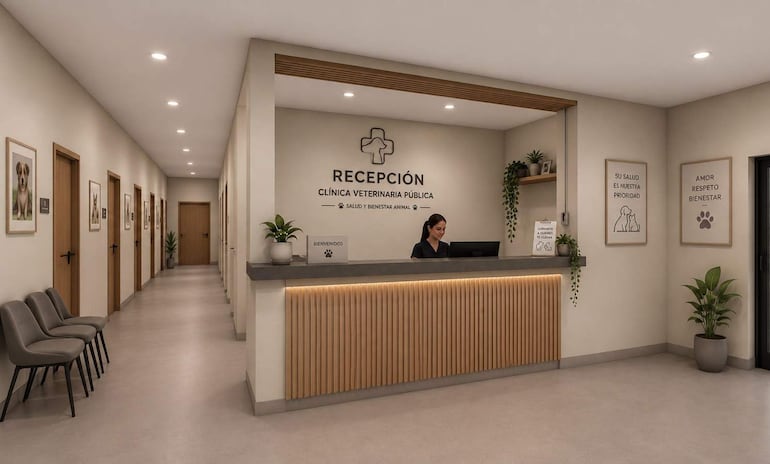 Mujer tras mostrador en clínica veterinaria pública, trabajando en computadora en un ambiente moderno con decoraciones de bienestar animal.