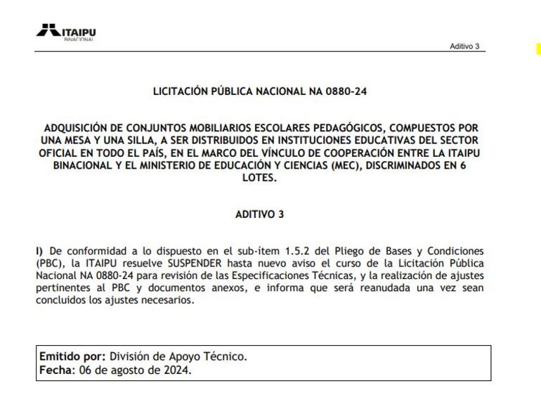 Suspensión del primer llamado a licitación.