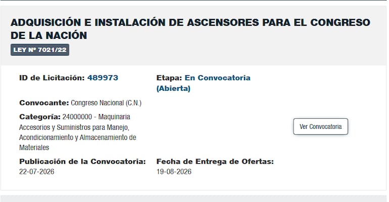 Llamado para la adquisición de ascensores para el Congreso.