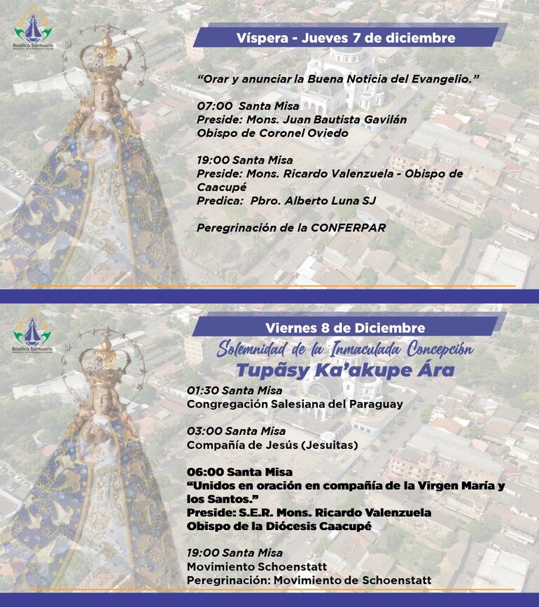 Misas y actividades previstas para la víspera y el Día de la Virgen de Caacupé.
