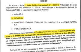 Partes de las páginas 1, 3 y 4 de la denuncia presentada por la ANDE ante el Ministerio Público.