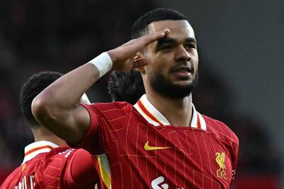 Liverpool's Dutch striker #18 Cody Gakpo celebrates scoring the team's fourth goal, his second, during the English Premier League football match between Liverpool and Ipswich Town at Anfield in Liverpool, north west England on January 25, 2025. (Photo by Paul ELLIS / AFP) / RESTRICTED TO EDITORIAL USE. No use with unauthorized audio, video, data, fixture lists, club/league logos or 'live' services. Online in-match use limited to 120 images. An additional 40 images may be used in extra time. No video emulation. Social media in-match use limited to 120 images. An additional 40 images may be used in extra time. No use in betting publications, games or single club/league/player publications. /