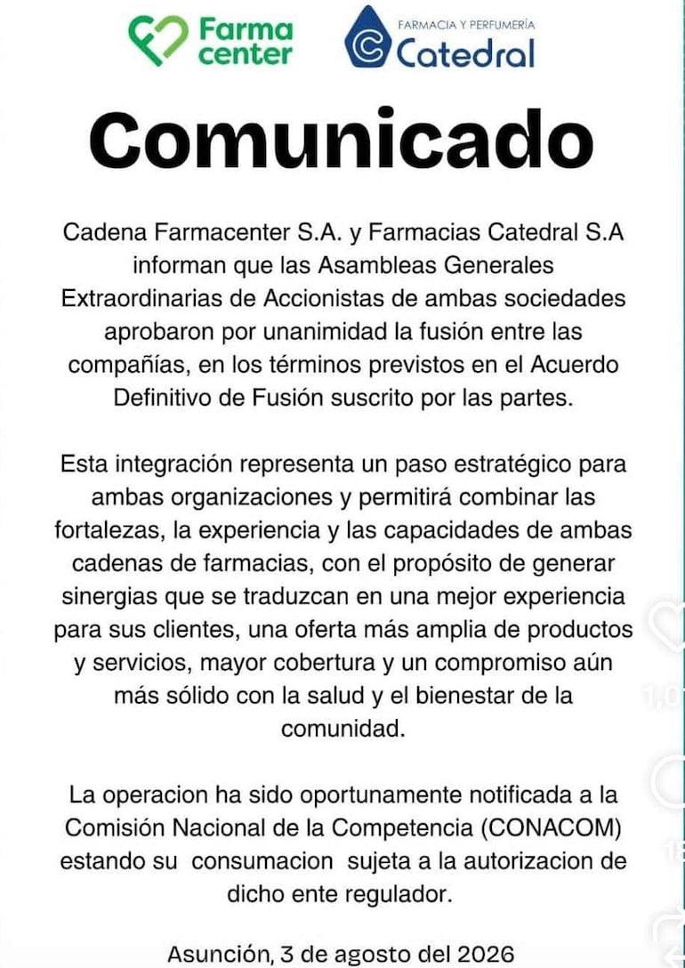 Comunicado impreso sobre la fusión de empresas farmacéuticas, con texto claro y sin personas visibles.