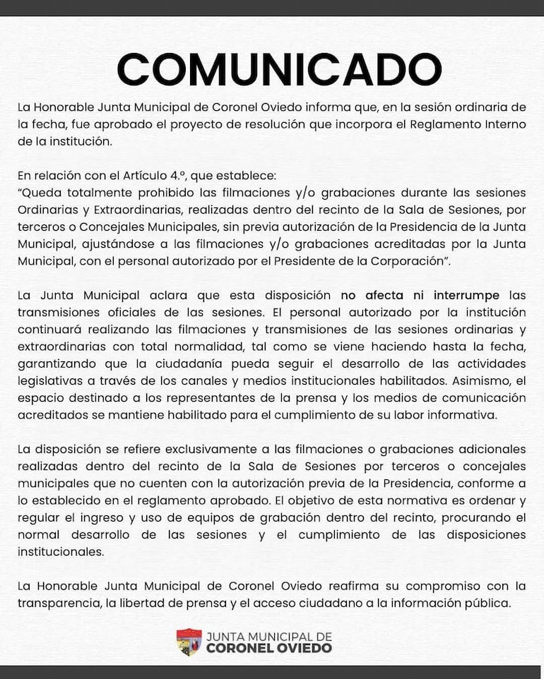 Comunicado oficial de la Junta Municipal que detalla la modificación del reglamento sobre grabaciones en sesiones.