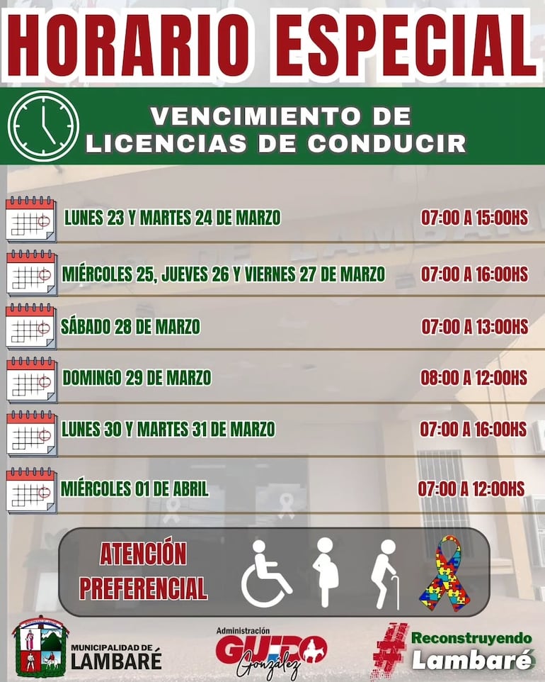 Anuncio de horario extendido en Lambaré antes del vencimiento de las licencias de conducir.