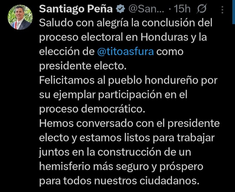 El mensaje de Santiago Peña al presidente electo de Honduras, Nasry 'Tito' Asfura.