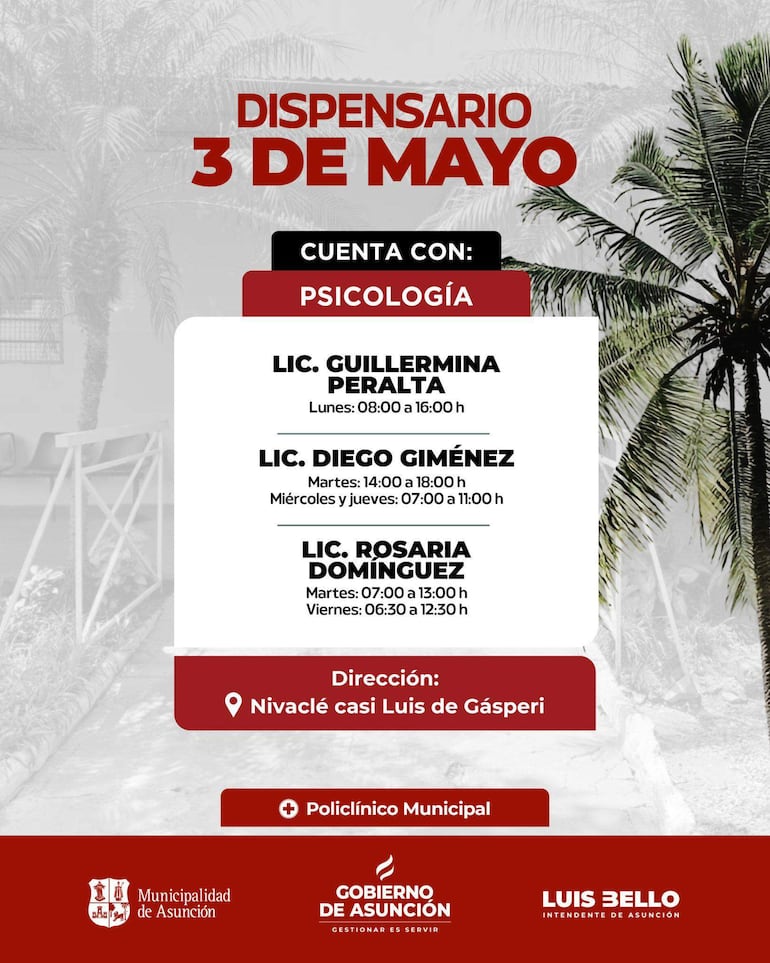 Cartel informativo con servicios psicológicos y horarios de atención, en un entorno con palmeras.