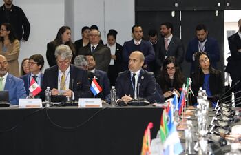 El vicecanciller de Paraguay Víctor Manuel Verdún (1ro de la der.) durante la sesión plenaria de la OEA en Asunción y Luque. (gentileza)
