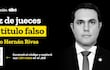 Fondo negro con texto amarillo y blanco sobre el juez Hernán Rivas, acompañado de un código QR.