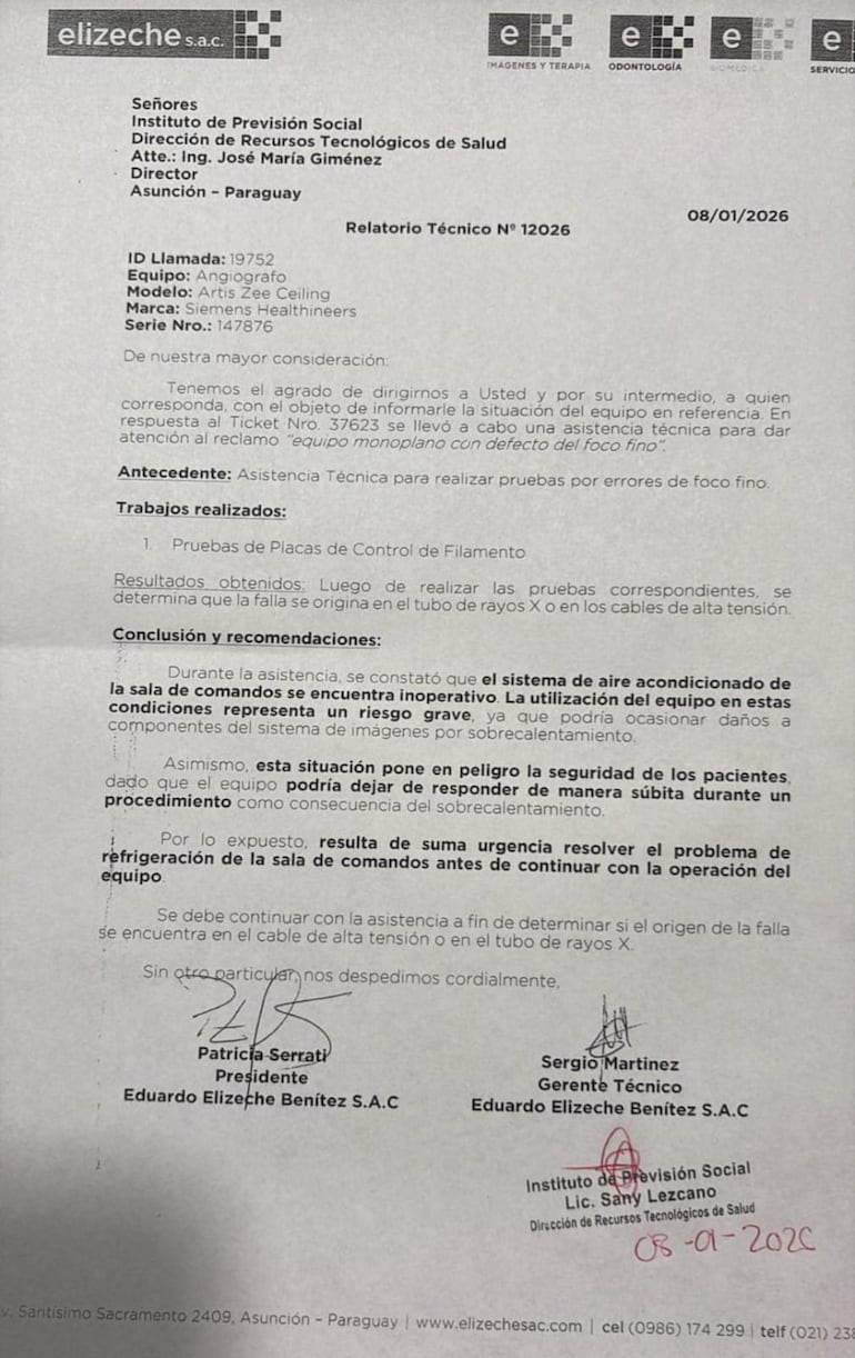 IPS: El contrato de mantenimiento del angiógrafo venció el 18/12/2025.
La empresa advirtió por nota que usarlo sin mantenimiento es peligroso para los pacientes.