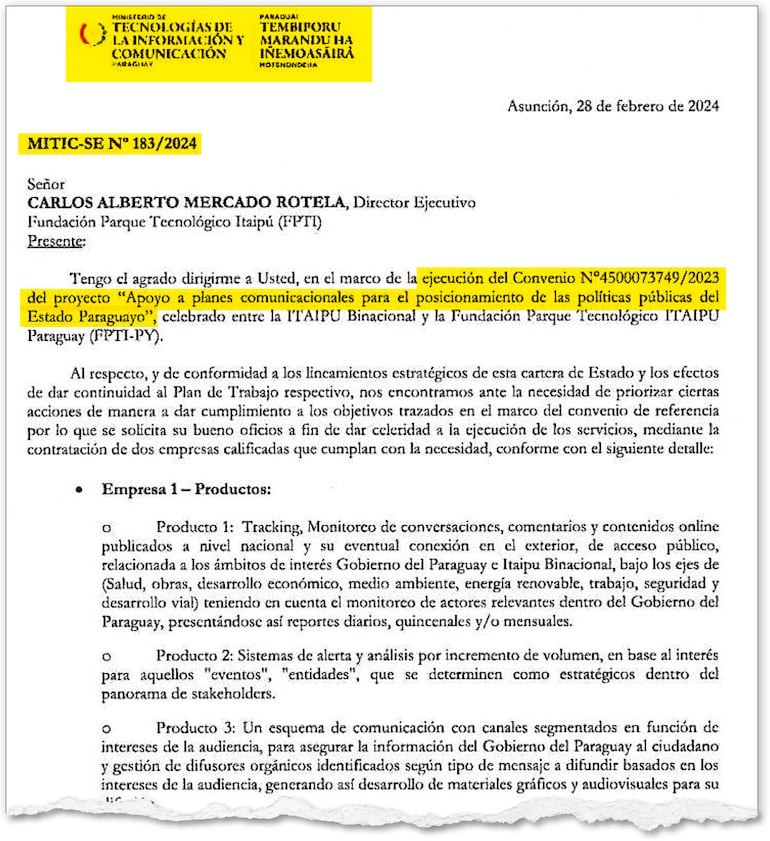 El Mitic mandó la Nota SE Nº 183/2024 con los “requerimientos” que debía ejecutar PTI-PY.