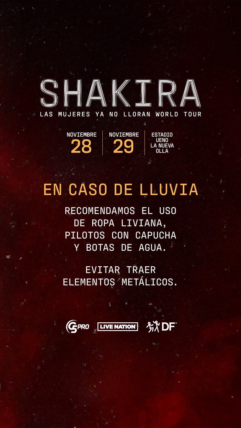Comunicación de la productora G5Pro sobre el concierto de Shakira y la posibilidad de lluvias.