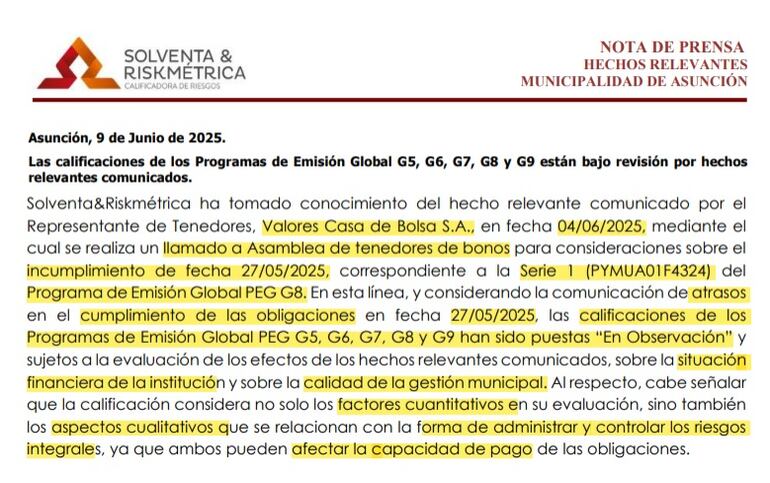 Comunicado de Solventa & Riskmétrica, calificadora de riesgos, sobre la situación financiera de la Municipalidad de Asunción.