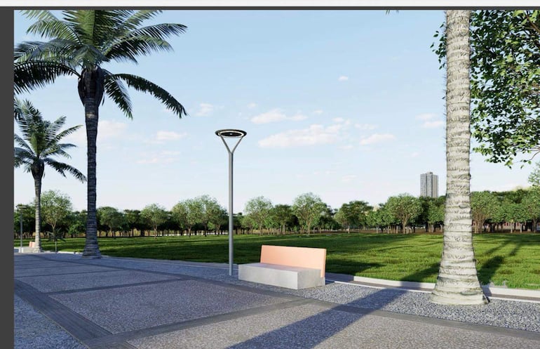 Césped, palmeras, bancos y luminaria moderna, como parte del diseño que contemplan las obras en el Parque Caballero en Asunción.