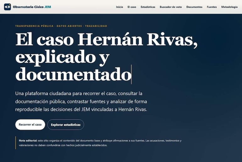 Diseño de página web sobre el caso Hernán Rivas, con botones de navegación y estadísticas visibles.