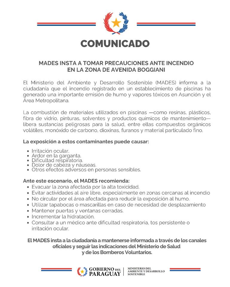 Recomendaciones del Mades ante incendio de depósito de cloro.