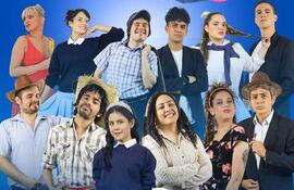 Grupo de once personas con vestimenta variada, posando en un fondo azul, algunas con trajes tradicionales y sombreros, sonriendo y tranquilos.