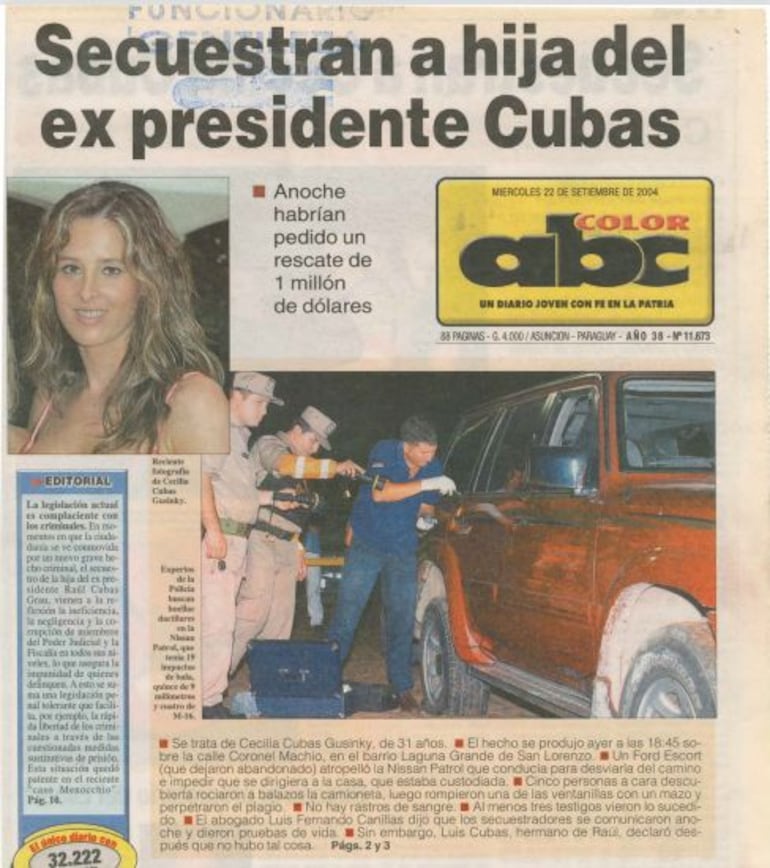Publicaciones de ABC Color sobre el secuestro de Cecilia Cubas.