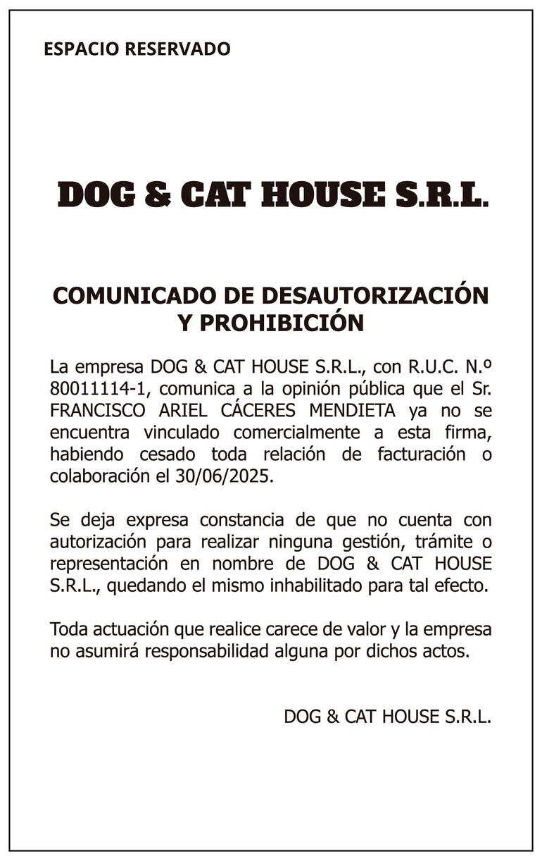 Comunicado de Dog & Cat House S.R.L.