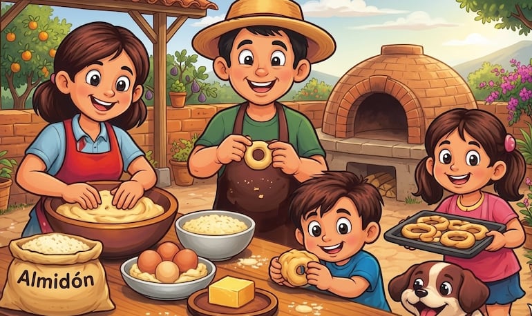 Familia haciendo chipa en Semana Santa.