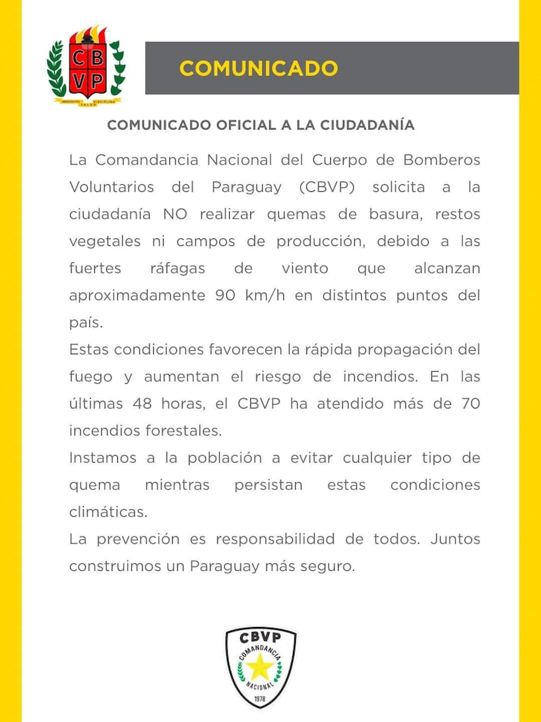 Comunicado oficial del CBVP en fondo blanco, con franjas amarillas, que advierte sobre incendios forestales.