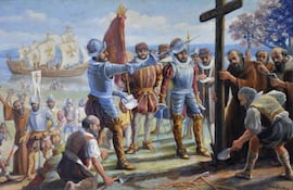 Una pintura que reproduce la fundación de Asunción, realizada por Pablo Alborno, acervo de la Municipalidad de Asunción.