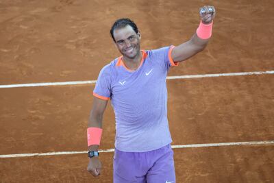 TOPSHOT - Spain's Rafael Nadal celebrates victory against Australia's Alex De Minaur at the end of the second round of the 2024 ATP Tour Madrid Open tournament tennis match at Caja Magica in Madrid on April 27, 2024. (Photo by Thomas COEX / AFP)