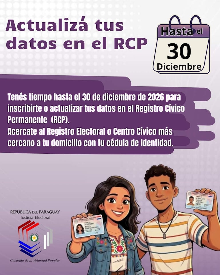 Personajes animados sonrientes sosteniendo documentos de identidad, en un fondo colorido con texto sobre el RCP de Paraguay.