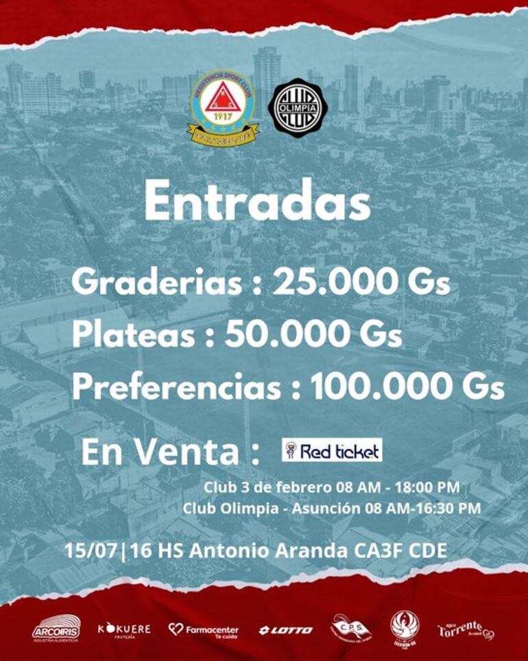Los precios y puntos de venta de las entradas de Resistencia vs. Olimpia en el Antonio Aranda de Ciudad del Este.