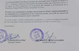 La nota remitida desde la Municipalidad a los comerciantes del distrito de San Roque González.