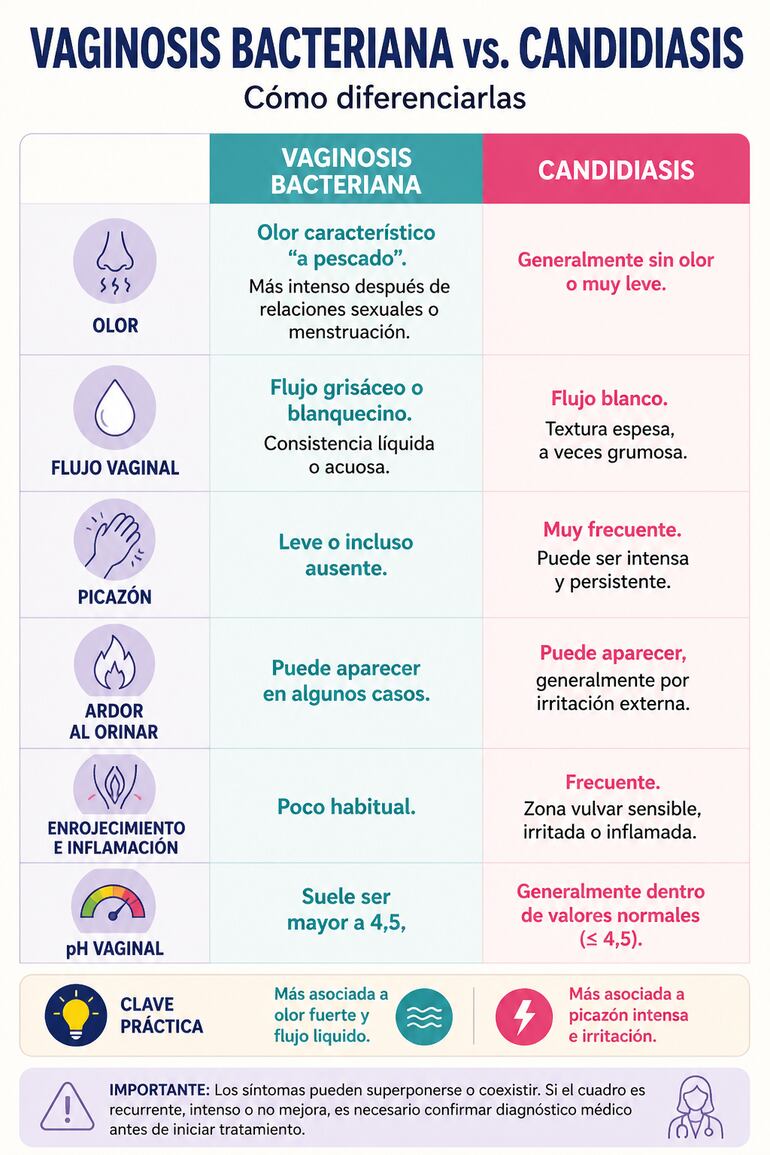 Diferencias básicas entre vaginosis bacteriana y candidiasis.