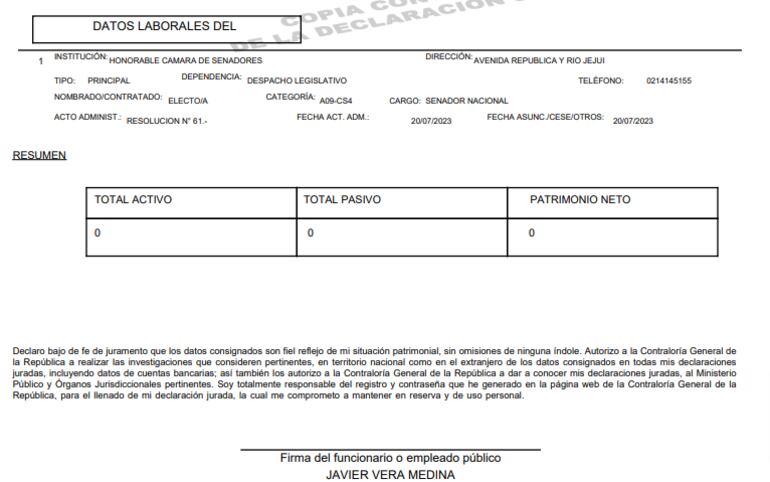 Declaración Jurada presentada por Javier Vera, alias Chaqueñito.