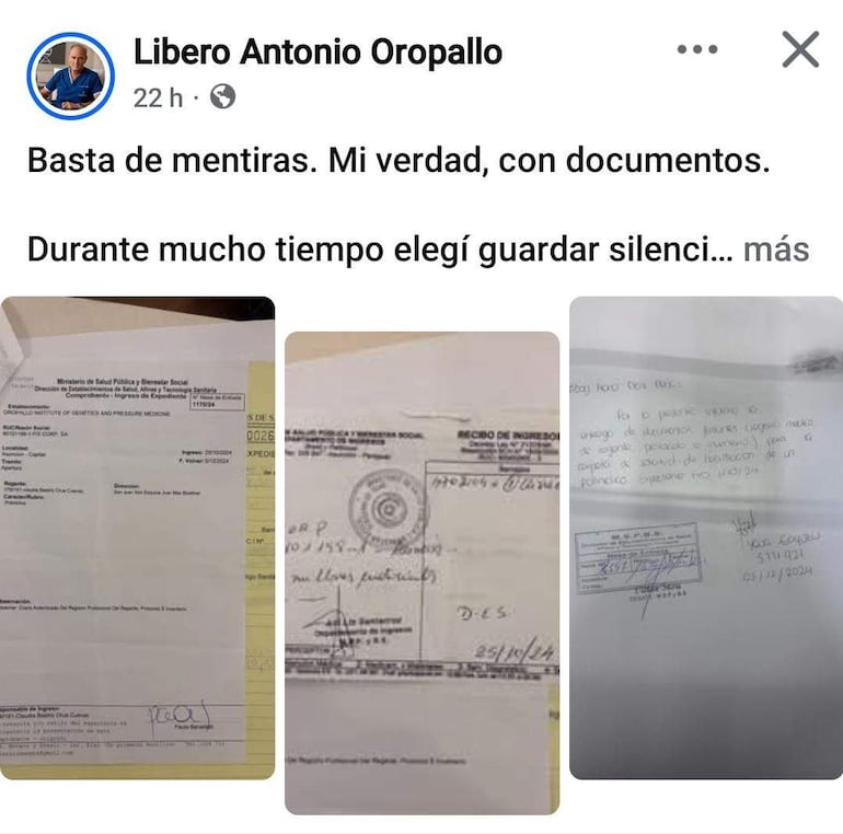 Documentos administrativos del Ministerio de Salud, con textos sobre la situación de Líbero Oropallo y fechas relevantes.