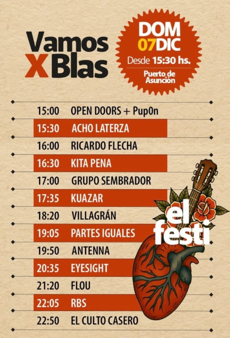 Estos son los horarios del festival "Vamos x Blas", que se realizará este domingo en el Puerto de Asunción.