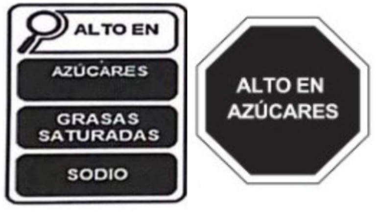 A la izquierda el etiquetado frontal planteado por el Congreso Nacional y a la derecha el etiquetado utilizado en otros países de la región como Argentina, Uruguay y Chile. El octógono es reemplazado por una lupa.
